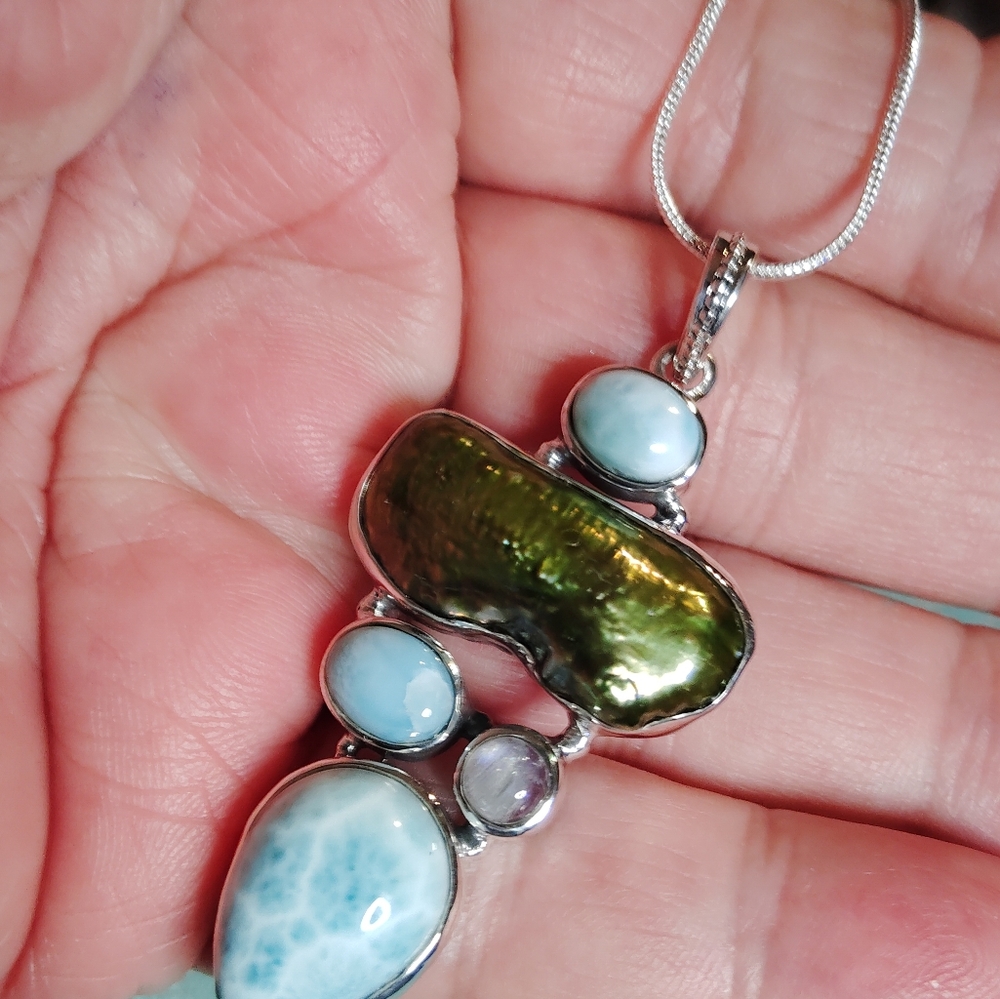 STERLING PENDANT LARIMAR, NATURAL PEARLS, AND MOONSTONE. 18 OR 20-IN. CH.